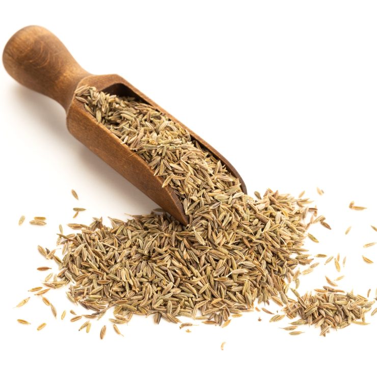 Cumin seeds on wooden spoon isolated on white background. Cuminum cyminum. Copy space