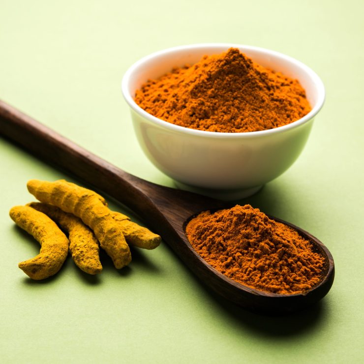 Dry Turmeric Dust or Haldi Powder also known as curcuma longa linn, selective focus