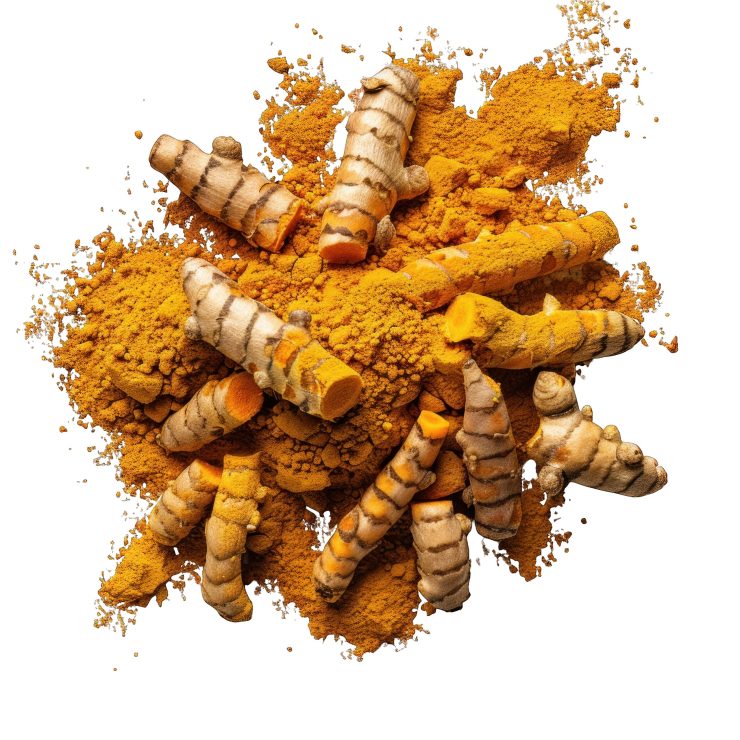 Turmaric rhizome powder on an isolated white background